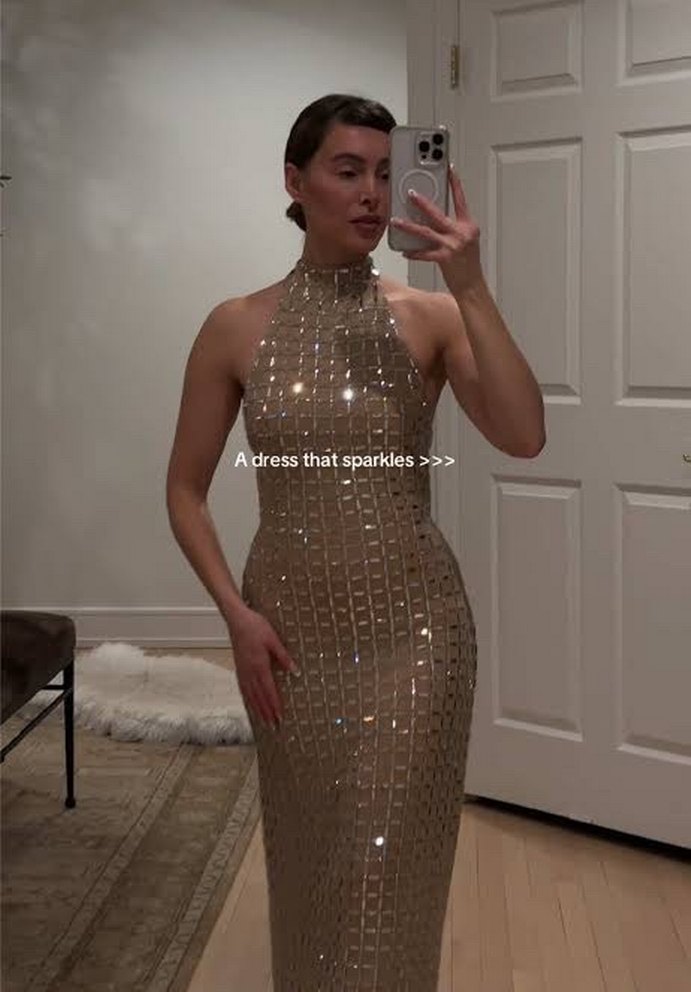 Bej İşlemeli Payetli Uzun Abiye Elbise - Görsel 2