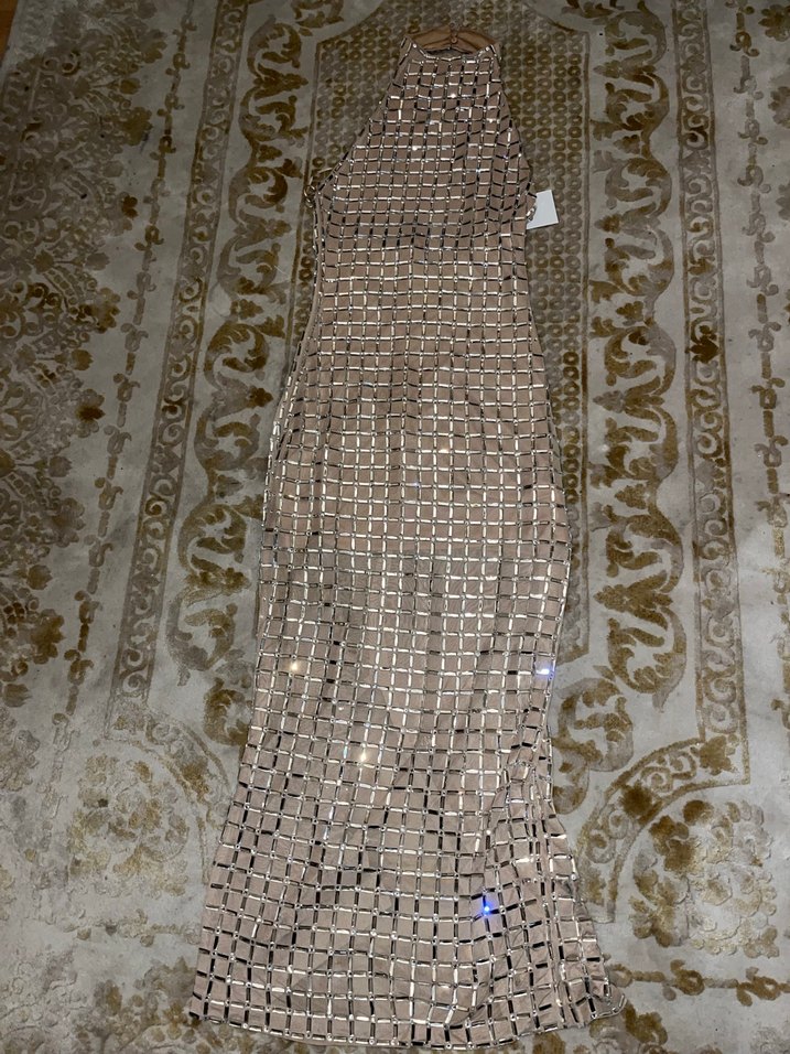 Bej İşlemeli Payetli Uzun Abiye Elbise - Görsel 3