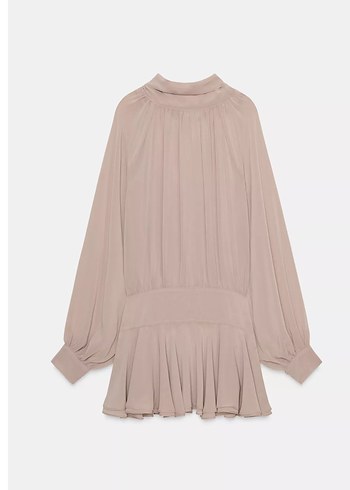 Bej Yüksek Yakalı Uzun Kollu Mini Elbise - Görsel 4