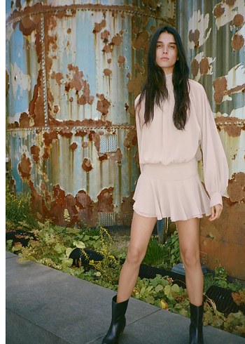 Bej Yüksek Yakalı Uzun Kollu Mini Elbise - Görsel 2