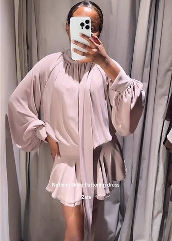 Bej Yüksek Yakalı Uzun Kollu Mini Elbise - Görsel 5