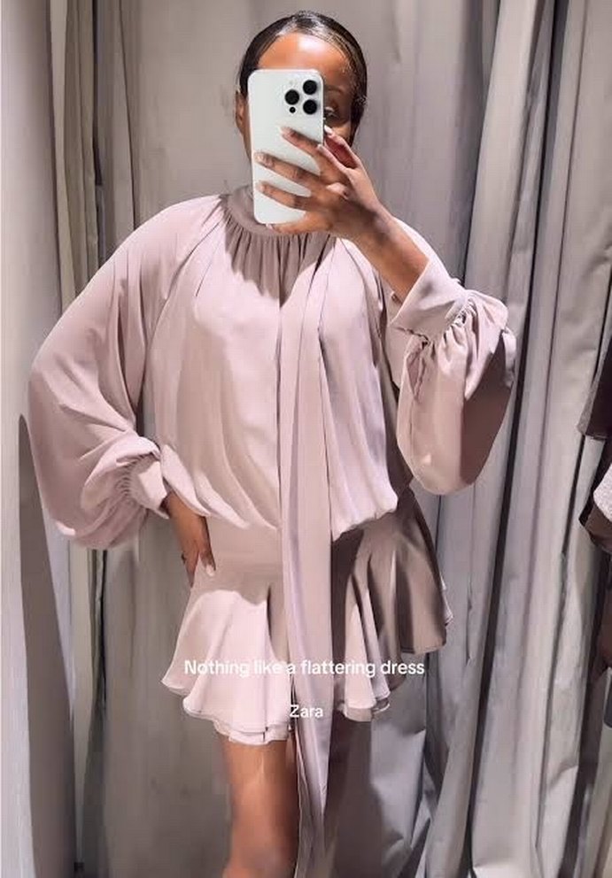 Bej Yüksek Yakalı Uzun Kollu Mini Elbise - Görsel 5