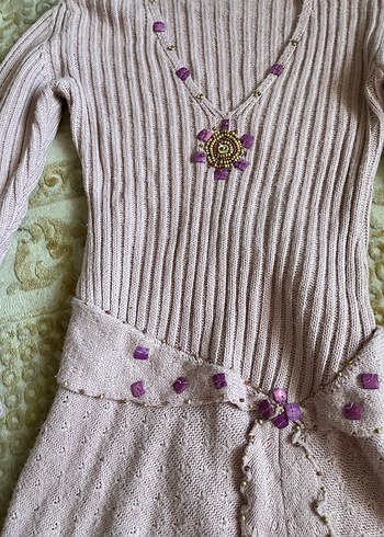 Mor V Yakalı Bohem Kısa Triko elbise - Görsel 2