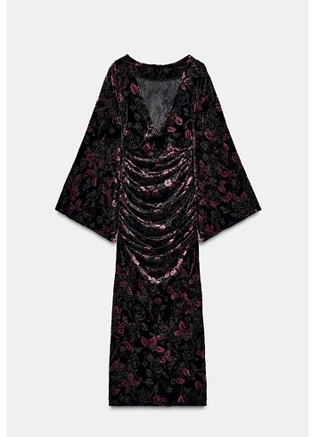 Drapeli Uzun Kollu Siyah Desenli Elbise - Görsel 3