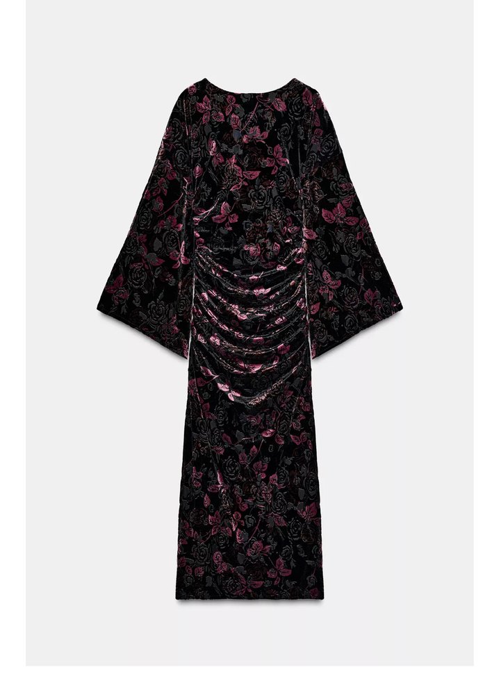 Drapeli  Uzun Kollu Siyah Desenli Elbise - Görsel 2