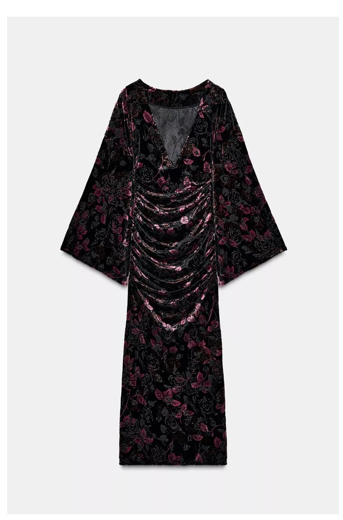 Drapeli  Uzun Kollu Siyah Desenli Elbise - Görsel 3