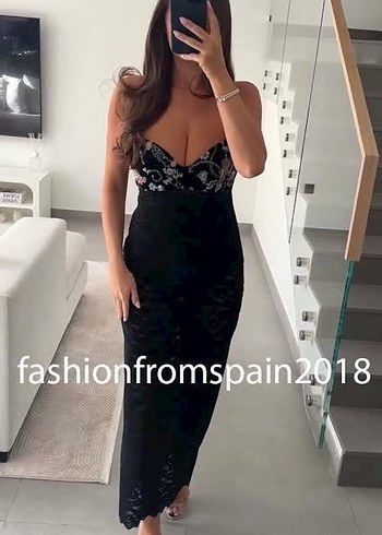 Dantel Detaylı Siyah Uzun Elbise - Görsel 2