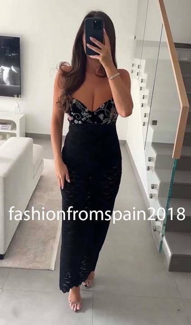 Dantel Detaylı Siyah Uzun Elbise - Görsel 2