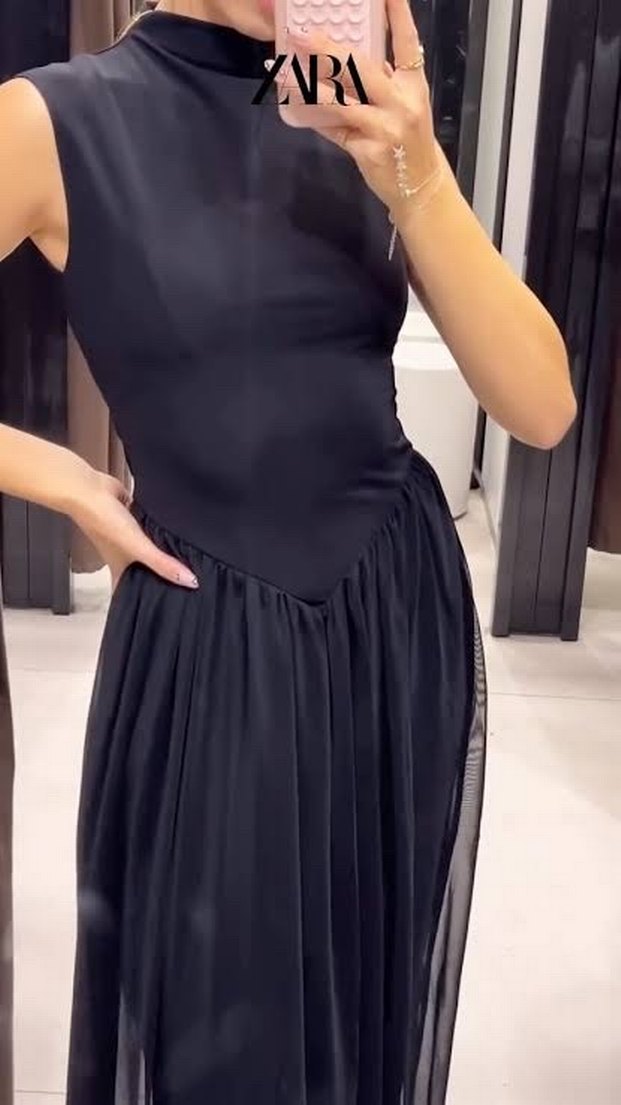 Zara Siyah Drapeli Uzun Elbise - Görsel 2