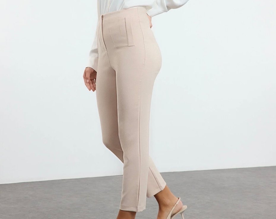 Bej Midi Kadın Kumaş Pantolon - Görsel 3