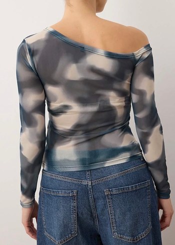 Mavi Gri Batik Desenli Drapeli Bluz - Görsel 2