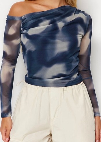 Mavi Gri Batik Desenli Drapeli Bluz - Görsel 3