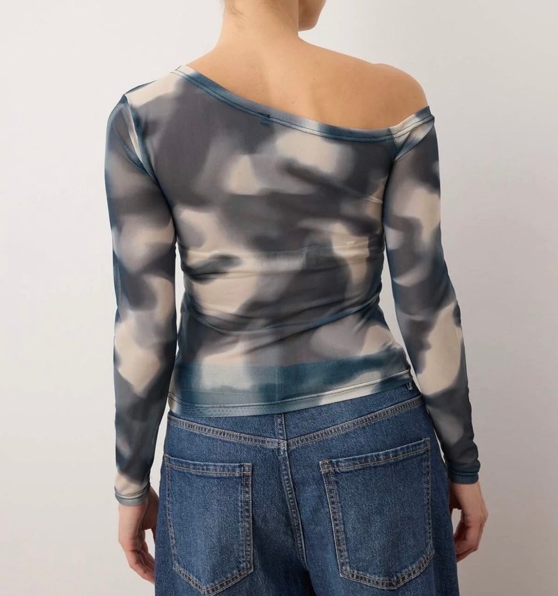 Mavi Gri Batik Desenli Drapeli Bluz - Görsel 2