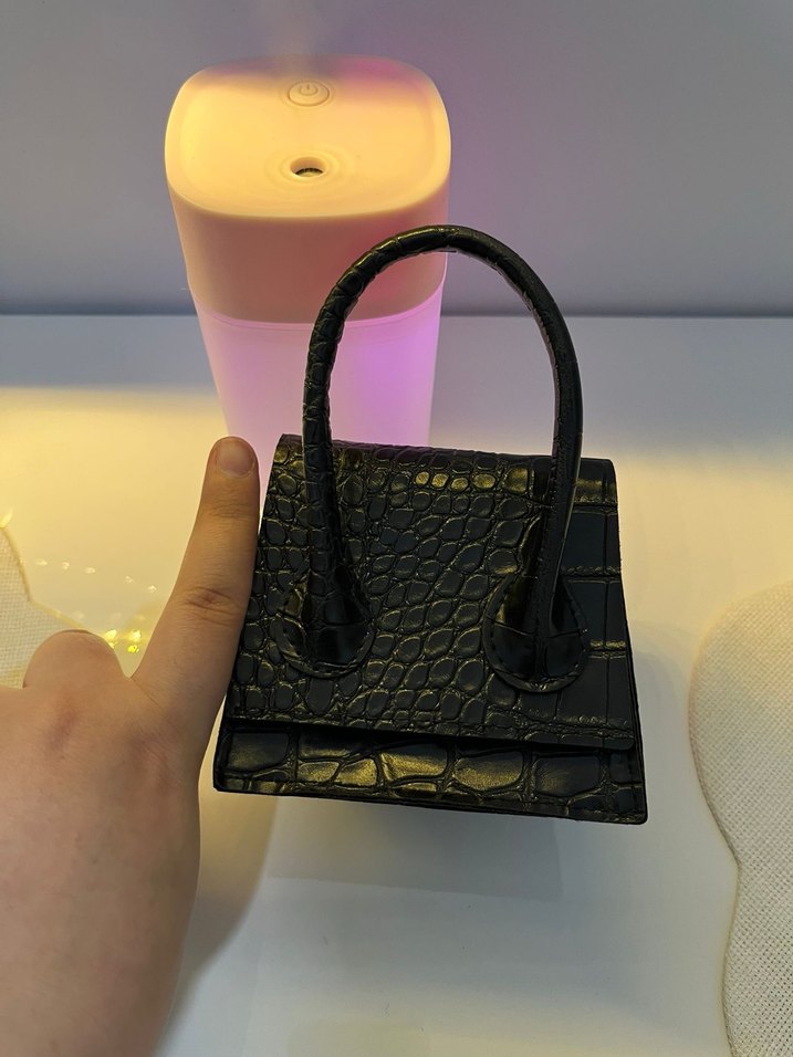 Zincir Detaylı Siyah Yılan Derisi Desenli Deri Mini  Çanta - Görsel 4