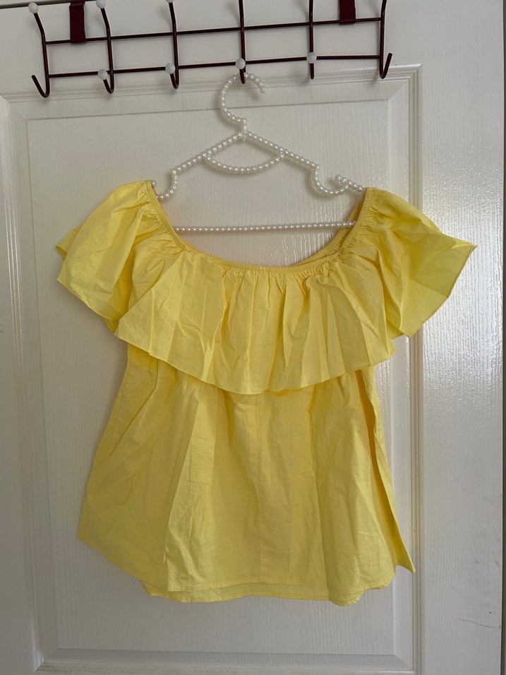 Sarı Fırfırlı Straplez Mini Keten Bluz - Görsel 2