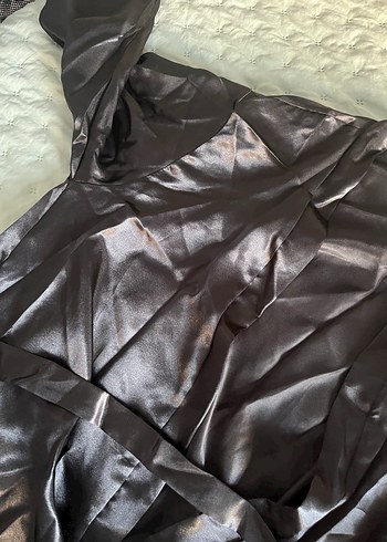 Siyah Midi Kadın Saten sabahlık - Görsel 3