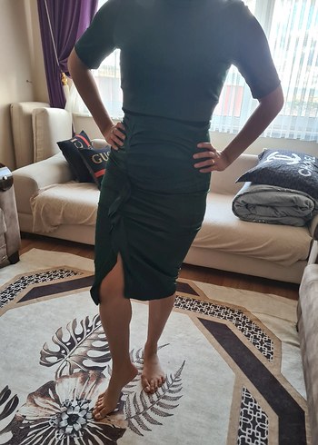 Saten Görünümlü Yeşil Drapeli Kalem Elbise - Görsel 6