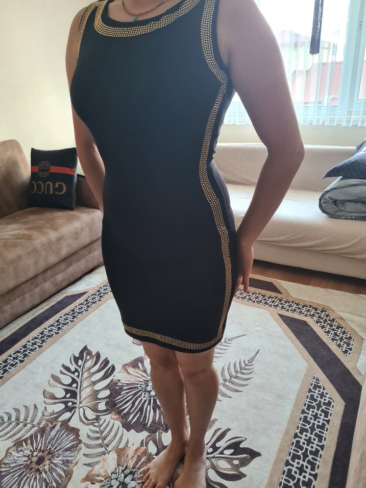 Siyah V Yakalı Midi Abiye Elbise - Görsel 2