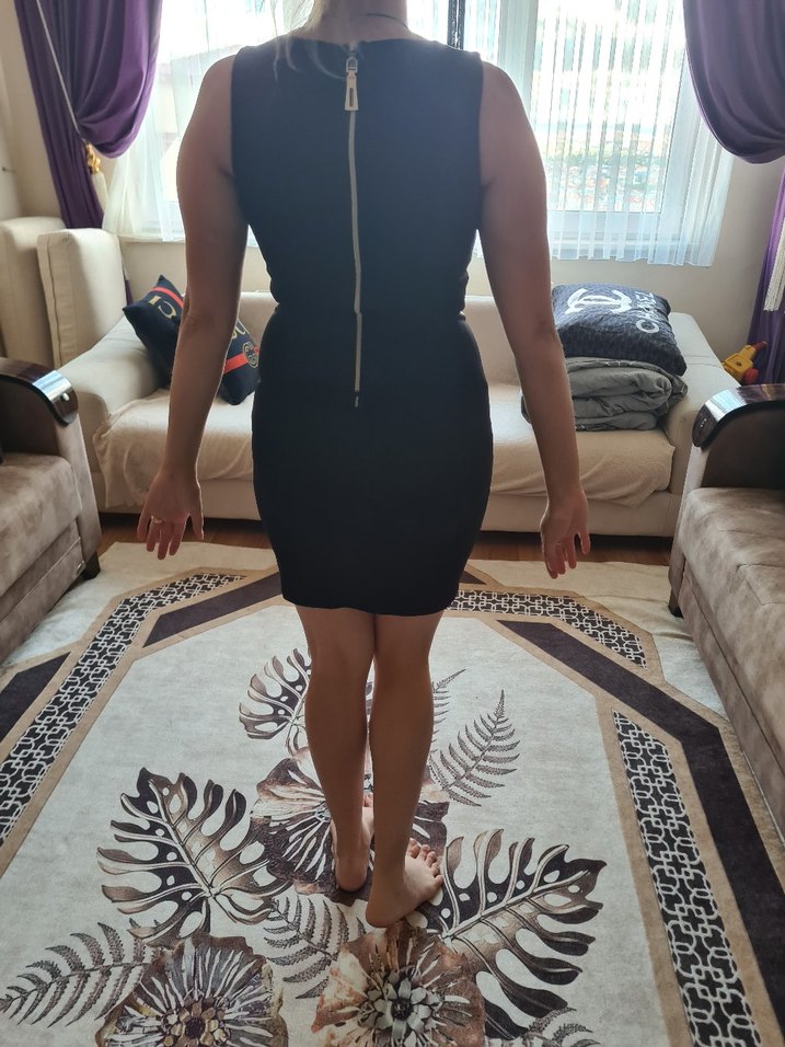 Siyah V Yakalı Midi Abiye Elbise - Görsel 5