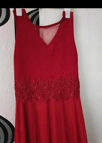 Kırmızı Dantel Detaylı Uzun Abiye Elbise - Görsel 5