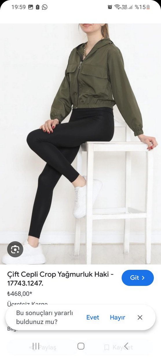 Kadın Haki Çift Cepli Crop Yağmurluk - Görsel 2