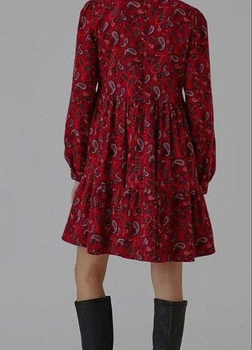 etnik desenli kırmızı uzun kollu elbise koton