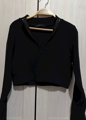 Fermuarlı Siyah Crop Kazak - Görsel 4