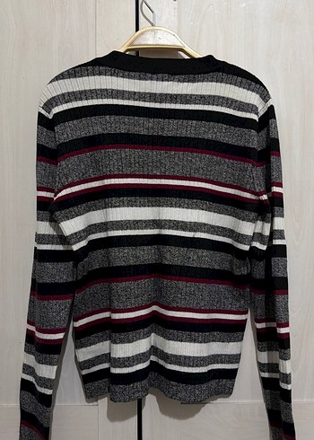 Çizgili Gri Triko Kadın Kazak - Görsel 2