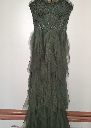 Drapeli Straplez Nakışlı Uzun Kadın Elbise - Görsel 2