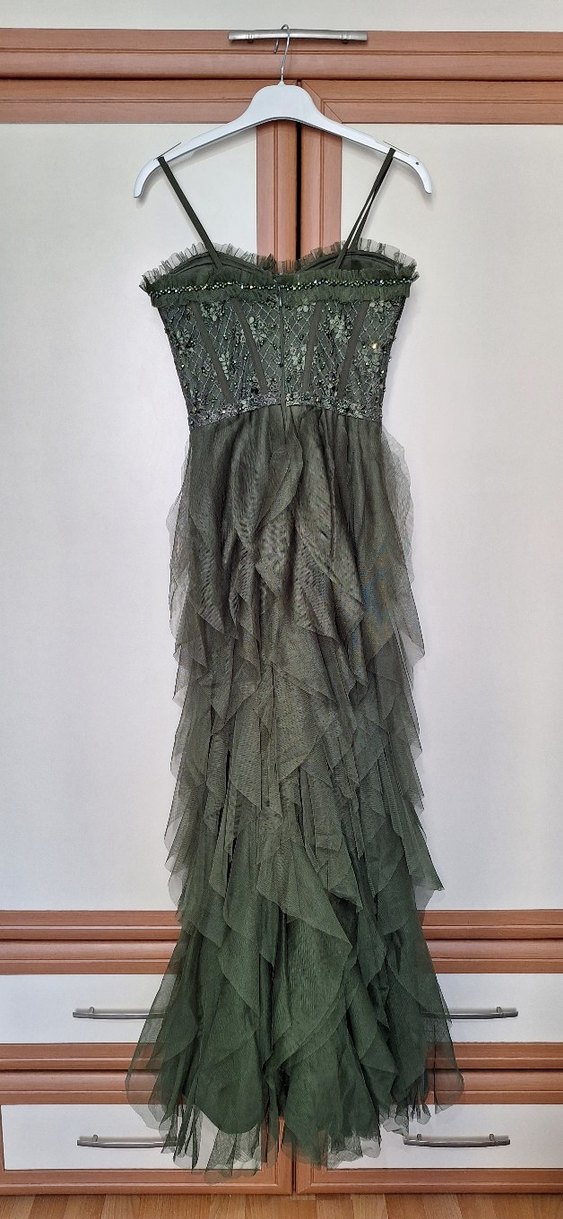 Drapeli Straplez Nakışlı Uzun Kadın Elbise - Görsel 4