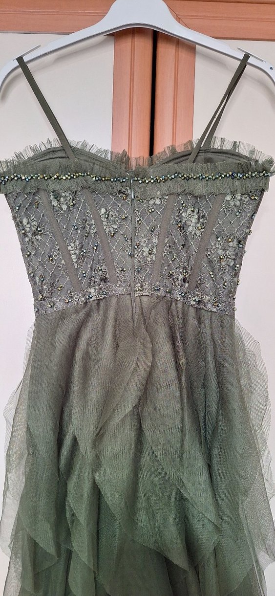 Drapeli Straplez Nakışlı Uzun Kadın Elbise - Görsel 5