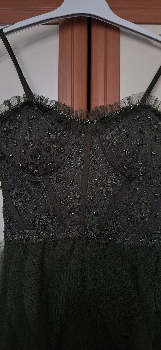 Drapeli Straplez Nakışlı Uzun Kadın Elbise - Görsel 3