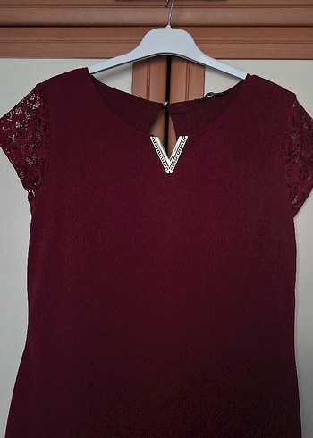 Bordo Dantel Detaylı Midi Kadın Elbise - Görsel 3