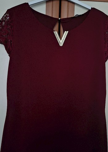 Bordo Dantel Detaylı Midi Kadın Elbise - Görsel 2