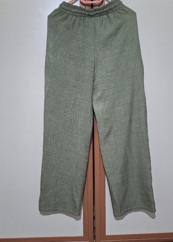 Kadın Keten Haki Bol Paça Pantolon - Görsel 3