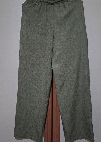 Kadın Keten Haki Bol Paça Pantolon - Görsel 2