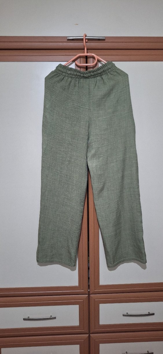 Kadın Keten Haki Bol Paça Pantolon - Görsel 3