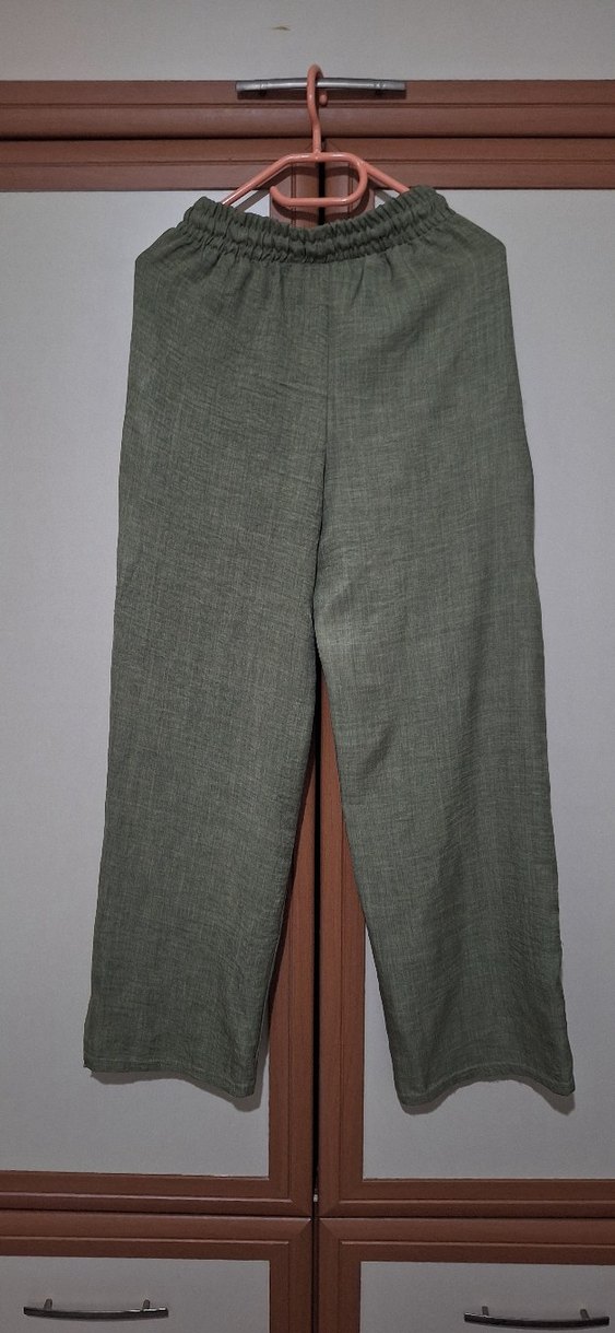 Kadın Keten Haki Bol Paça Pantolon - Görsel 2