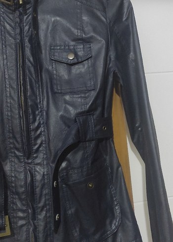 Kadın Siyah Deri Kemerli Biker Ceket - Görsel 3