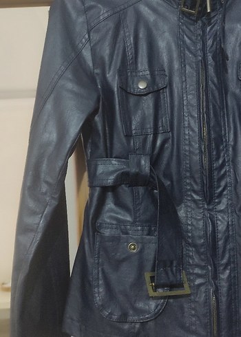 Kadın Siyah Deri Kemerli Biker Ceket - Görsel 2