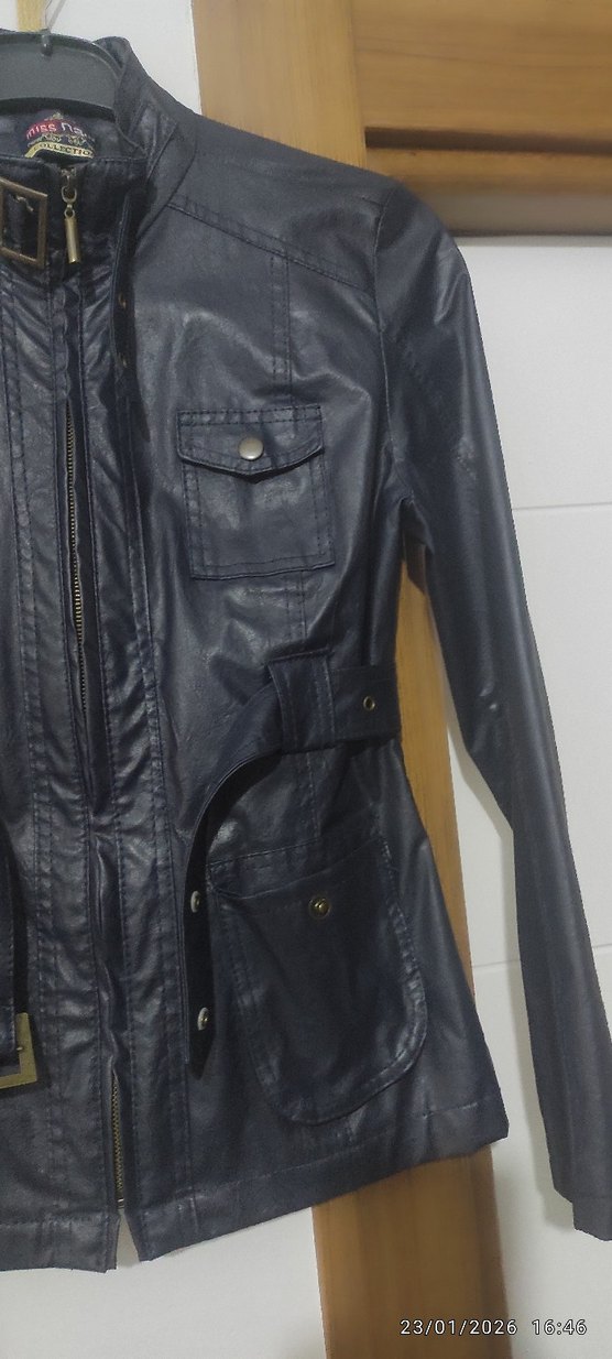 Kadın Siyah Deri Kemerli Biker Ceket - Görsel 3