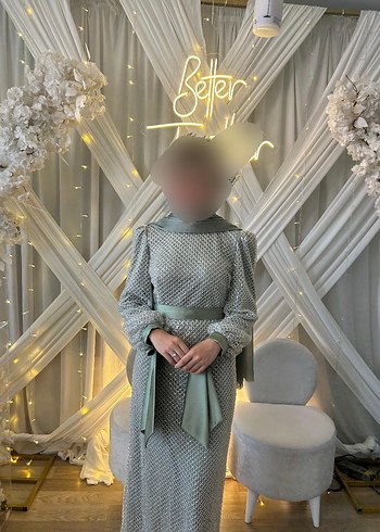 Uzun Kol, Kare Desenli Abiye Elbise - Görsel 2