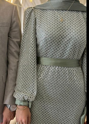 Uzun Kol, Kare Desenli Abiye Elbise - Görsel 3