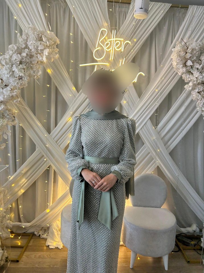 Uzun Kol, Kare Desenli Abiye Elbise - Görsel 2