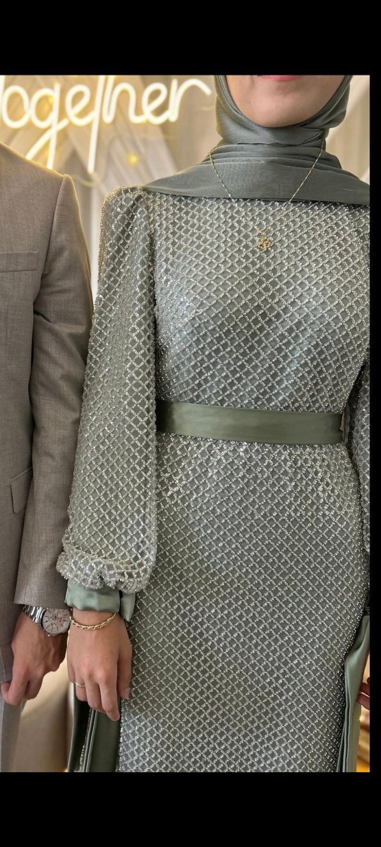 Uzun Kol, Kare Desenli Abiye Elbise - Görsel 3