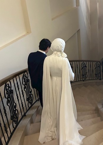Beyaz Uzun Kollu Tesettür Nikah Elbisesi - Görsel 3