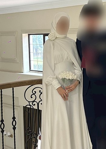 Beyaz Uzun Kollu Tesettür Nikah Elbisesi - Görsel 2
