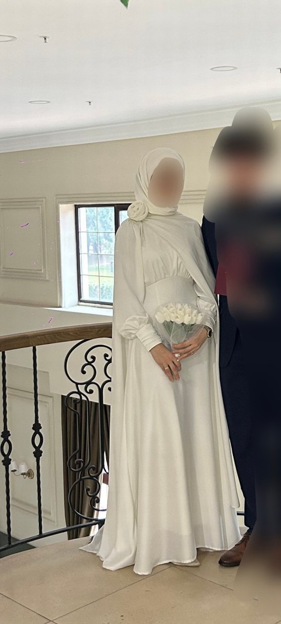Beyaz Uzun Kollu Tesettür Nikah Elbisesi - Görsel 2