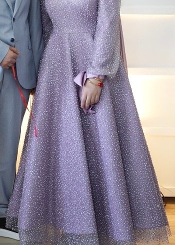 Uzun Kollu Mor İşlemeli Kadın Abiye Elbise - Görsel 3