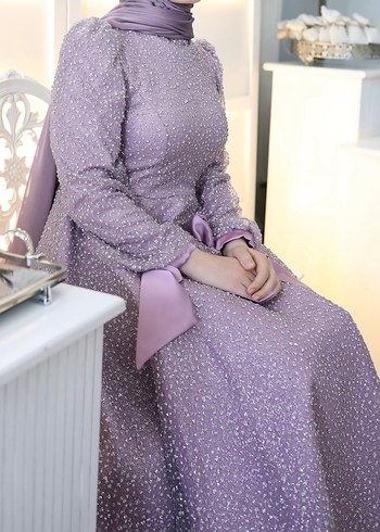 Uzun Kollu Mor İşlemeli Kadın Abiye Elbise - Görsel 2